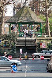 Boundary Estate bandstand was built on the rubble from the clearance of the Old Nichol slum. Boundary est Bandstand.JPG