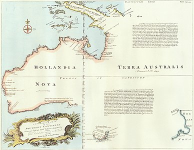 Bowen's 1744 reproduction[34] of Thévenot's 1664 revision of Tasman's 1644 map, creating a new boundary at 135° E.[29]