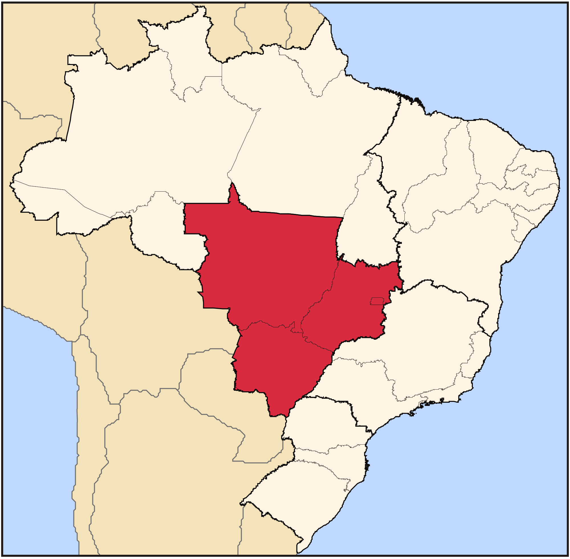 Map of Brazil showing the five geographical regions of the country. The