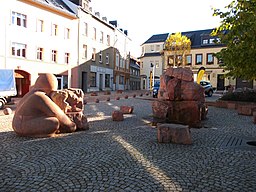 Fountain of fairy tales in the market square of Burgstädt (Mittelsachsen district, Saxony), representing local legends