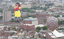 The Cameron's factory with two balloons manufactured by Cameron balloons Cameron balloons over Cameron balloons2.JPG