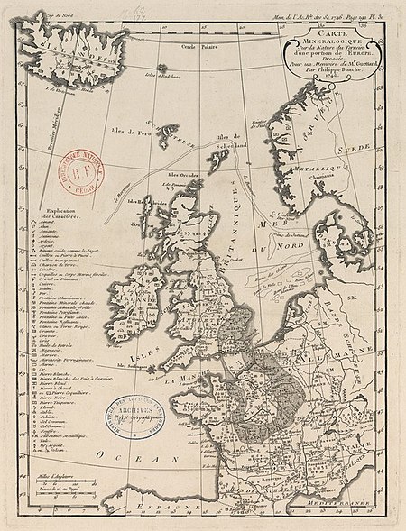 Jean-Etienne Guettard and Philippe Buache, Carte mineralogique sur la nature du terrain d'une portion de l'Europe, possibly the first true geologic map. Carte mineralogique sur la nature du terrain d'une portion de l' Europe--Guettard-1746.jpg