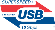 A deprecated SuperSpeed+ USB 10 Gbit/s packaging logo Certified SuperSpeed Plus USB 10 Gbps Logo.svg