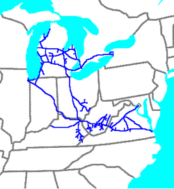 Mapa do sistema ferroviário de Chesapeake e Ohio. PNG