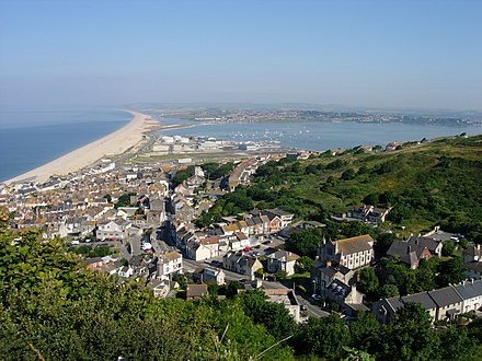 Chesil Beach, seen from the Isle of Portland looking towards mainland Dorset