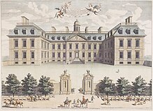 An engraving of a large white mansion with a blue roof. People go past the front on horse and on foot.