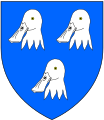 Coat of arms of w:Edmund Lacey (died 1455), Bishop of Hereford and Bishop of Exeter: Azure, three shoveller's heads erased argent