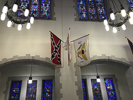 The Confederate naval jack, installed in The Citadel's chapel in 1939, with Flag of the United States Virgin Islands and Washington D.C. on display in September 2019