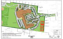 Site plan of the consolidated Enfield High School. Landscaping and campus planning would address traffic and parking concerns while beautifying the campus. Consolidated Enfield High School Site Plans.png