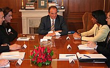 Meeting of the Secretary of State Condoleezza Rice, Greek Foreign Minister Dora Bakoyannis (left) and Greek Prime Minister Kostas Karamanlis (center) at Maximos Mansion in Athens Costas Karamanlis, Dora Bakoyannis and Condoleezza Rice.jpg