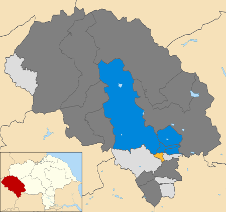 Map of the results of the 2007 Craven District Council election. Independents in light grey, Conservatives in blue and Liberal Democrats in yellow. Wards in dark grey were not contested in 2007. Craven UK local election 2007 map.svg