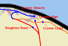 Layout of the four Cromer railway stations; the Great Eastern Railway lines are in red, the Midland and Great Northern Joint Railway line in blue, and the disused Norfolk and Suffolk Joint Railway line to Mundesley in orange.