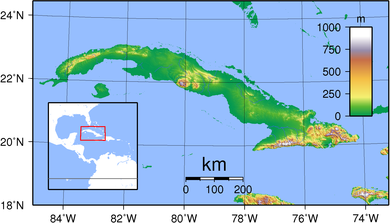 The topography of Cuba: Cuba has mostly flat terrain to rolling plains, with rugged hills and mountains in the southeast. Cuba Topography.png