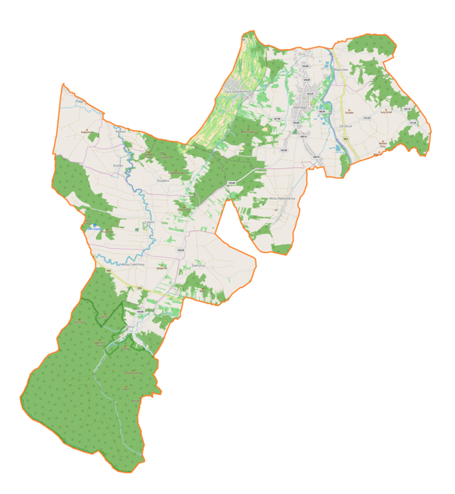 Mapa konturowa gminy Dębowiec, u góry nieco na prawo znajduje się punkt z opisem „Bazylika Matki Bożej Płaczącej z La Salette w Dębowcu”