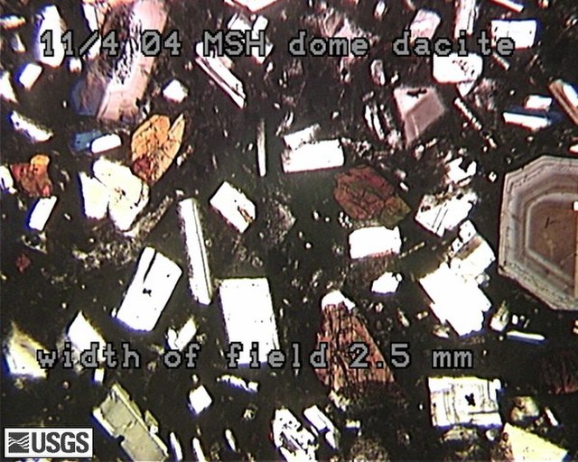 Thin section of a porphyritic dacite from Mount St. Helens