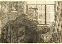 George Price Boyce with Fanny Cornforth at Rossetti's Studio, Chatham Place 1858. pen and ink on paper. 47 × 31.1 cm (18.5 × 12.2 in). Carlisle, England, Tullie House Museum and Art Gallery.