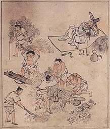 Le battage du riz. Kim Hong-do (1745-v.1806/18), nom d'artiste Danwon[80]. Feuille d'album, encre sur papier, H. 27,8 cm. Musée national de Corée