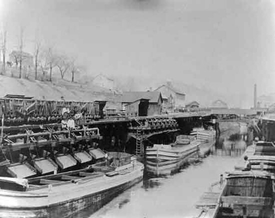 Barges awaiting coal loads in the basin at Honesdale