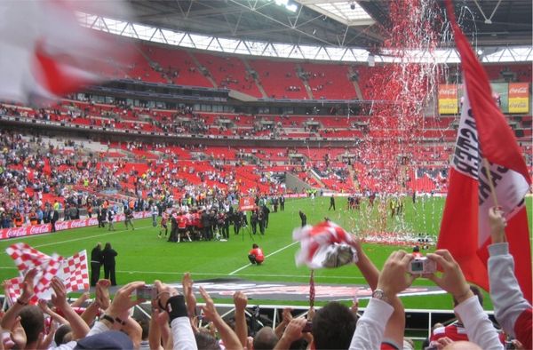 Doncaster Rovers celebrate victory against Leeds United in the Football League One play-off final on 25 May 2008 at Wembley Stadium.