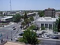 Downtown Bakersfield with City Hall and Police Headquarters at left and Hall of Records at right