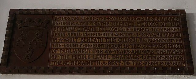 Wall plaque to Edward Fellowes in the Church of St Thomas à Becket, Ramsey, Cambridgeshire indicating his burial