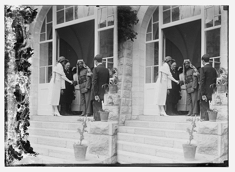 File:Emir Abdullah of Transjordan shaking hands with Mrs. Churchill, Winston Churchill standing next to Mrs. Churchill, Government House, Jerusalem LOC matpc.08805.jpg