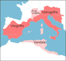 Map of the realm of Theodoric the Great at its height in 523, following the annexation of the southern parts of the Burgundian kingdom. Theoderic ruled both the Visigothic and Ostrogothic kingdoms and exerted hegemony over the Burgundians and Vandals. Empire of Theodoric the Great 523.gif