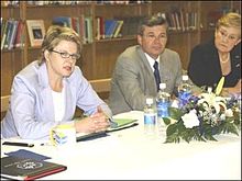 Fletcher with U.S. Secretary of Education Margaret Spellings in 2005 Ernie Fletcher in Louisville, Kentucky (May 11, 2005).jpg