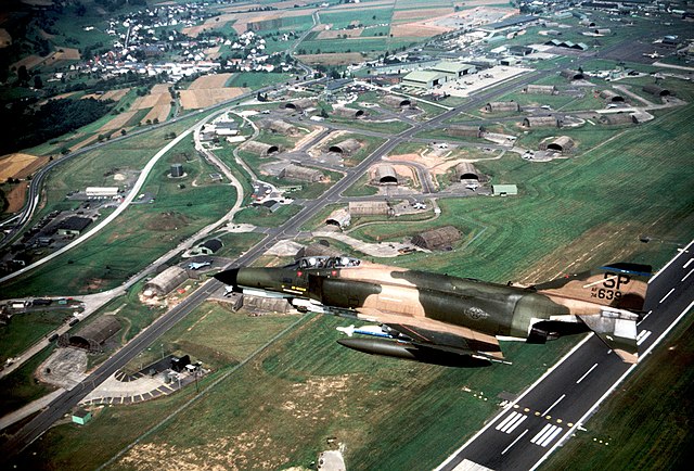 An F-4E Phantom II from the 23rd Tactical Fighter Squadron Spangdahlem AB in flight over its home base in 1983