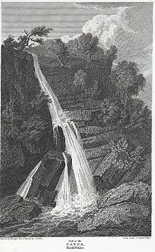 Etching by Samuel Barenger of the Fall of the Cayne from a drawing by John Preston Neale Fall of the Cayne, north Wales (1130569).jpg