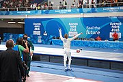 Deutsch: Fechten bei den Olympischen Jugend-Sommerspielen 2018: Tag 1, 7. Oktober 2018, Jungen, Säbel, Finale - Krisztián Rabb (HUN) - Hyun Jun (KOR) (USA) 15:13 English: Fencing at the 2018 Summer Youth Olympics at 7 October 2018 – Boys' sabre Gold medal match – Krisztián Rabb (HUN) Vs Hyun Jun (KOR) (USA) 15:13