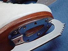 Close-up of a figure skating blade, showing the toe picks, the hollow (groove) on the bottom of the blade, and screw attachment Figure-skates-2.jpg