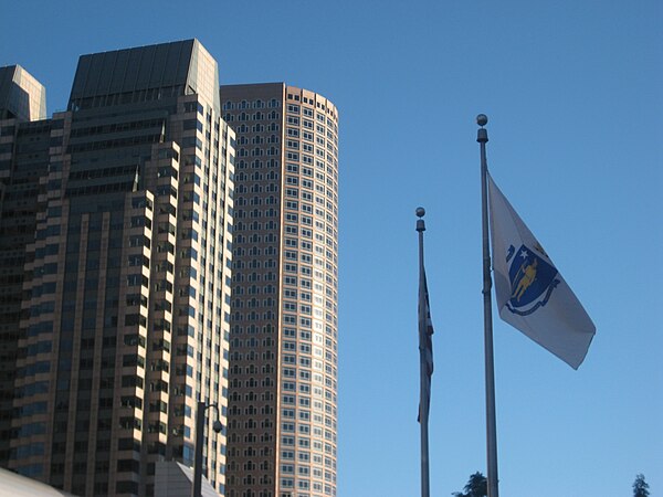 The state flag of Massachusetts on display in the Financial District of Boston, Massachusetts, United States.