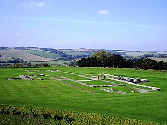 The exposed foundations of the cathedral Foundations of Old Sarum Cathedral.jpg
