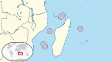 The French Iles Eparses French Southern and Antarctic Lands in its region (Scattered islands in the Indian Ocean only) (small islands magnified).svg