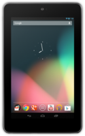 Çok renkli arka plan ve Android uygulaması ile ekran merkezinde saat bulunan Nexus 7