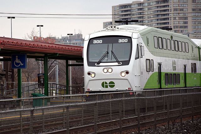 A GO Transit Bombardier cab car at Toronto's Scarborough Station.