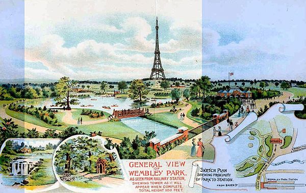 A sketched plan of Wembley Park, featuring the major planned Watkin's Tower, c. 1894