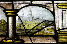 The castle depicted on a church stained glass window circa 1500, believed to be the only surviving detailed picture of the castle as it looked before its destruction. Godesburg Kirchenfenster Kloster Ehrenstein-Wied (colour).jpg