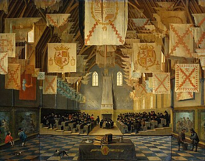 Great Assembly of 1651 by Dirck van Delen showing the interior of the Ridderzaal at the time. Great Assembly of the States-General in 1651 01.jpg