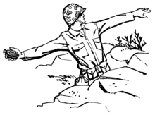 Dessin à la main représentant un soldat à couvert derrière un talus de pierres, en train de lancer une grenade.