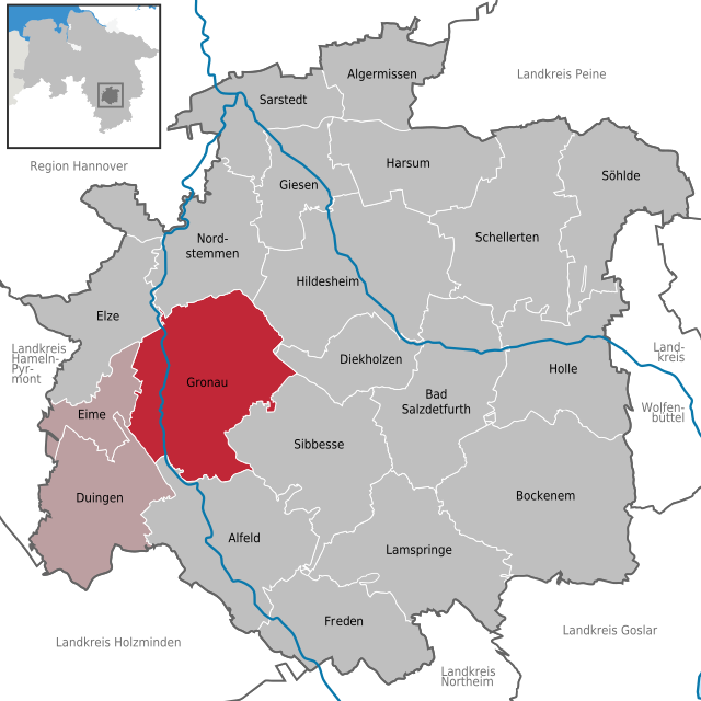 Läget för staden Gronau (Leine) i Landkreis Hildesheim