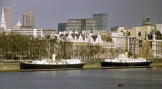 HMS Chrysanthemum & HMS President moored on the Embankment, 1975