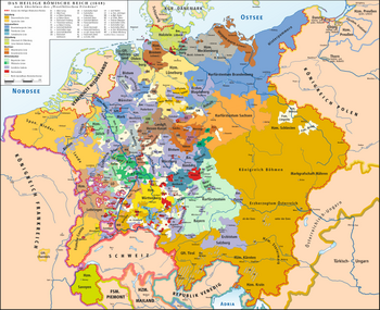 Map of Central Europe in 1648:
.mw-parser-output .legend{page-break-inside:avoid;break-inside:avoid-column}.mw-parser-output .legend-color{display:inline-block;min-width:1.25em;height:1.25em;line-height:1.25;margin:1px 0;text-align:center;border:1px solid black;background-color:transparent;color:black}.mw-parser-output .legend-text{}
Territories under the Holy Roman Empire, comprising the Alpine heartland (Erblande) of the Habsburg monarchy. HRR 1648.png