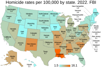 Homicide rate by state. FBI. 2022 data. Homicide rates per 100,000 by state. FBI. US map.svg