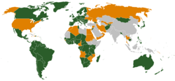 States Parties (dark green), light green denotes states where Rome Statute is ratified but not yet in force, and states that have signed but not ratified the Rome Statute (orange).