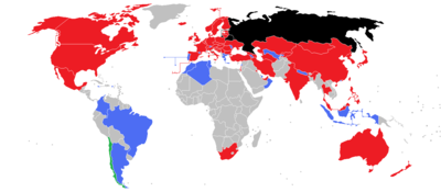 The current members of the IIHF. (Red indicates full members, blue indicates associate members and green indicates affiliate members). IIHF members map.png