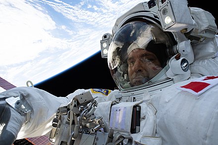Saint-Jaques during his first spacewalk, on ISS Expedition 59