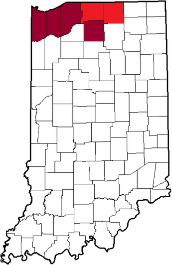 The Northern Indiana Athletic Conference in Indiana. Current Areas are in red, Former Areas are in Maroon Indiana (NIAC).png