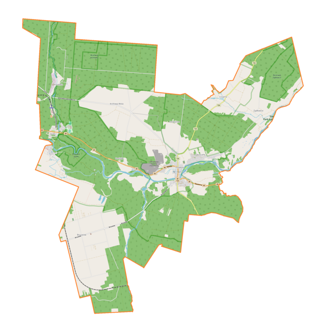 Mapa konturowa gminy Inowłódz, w centrum znajduje się punkt z opisem „Inowłódz”